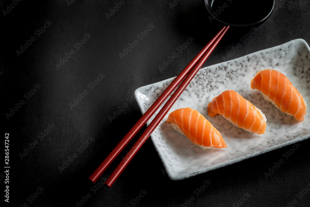 Salmon nigiri sushi on plate, Japanese food Salmon nigiri sushi on plate, Japanese food