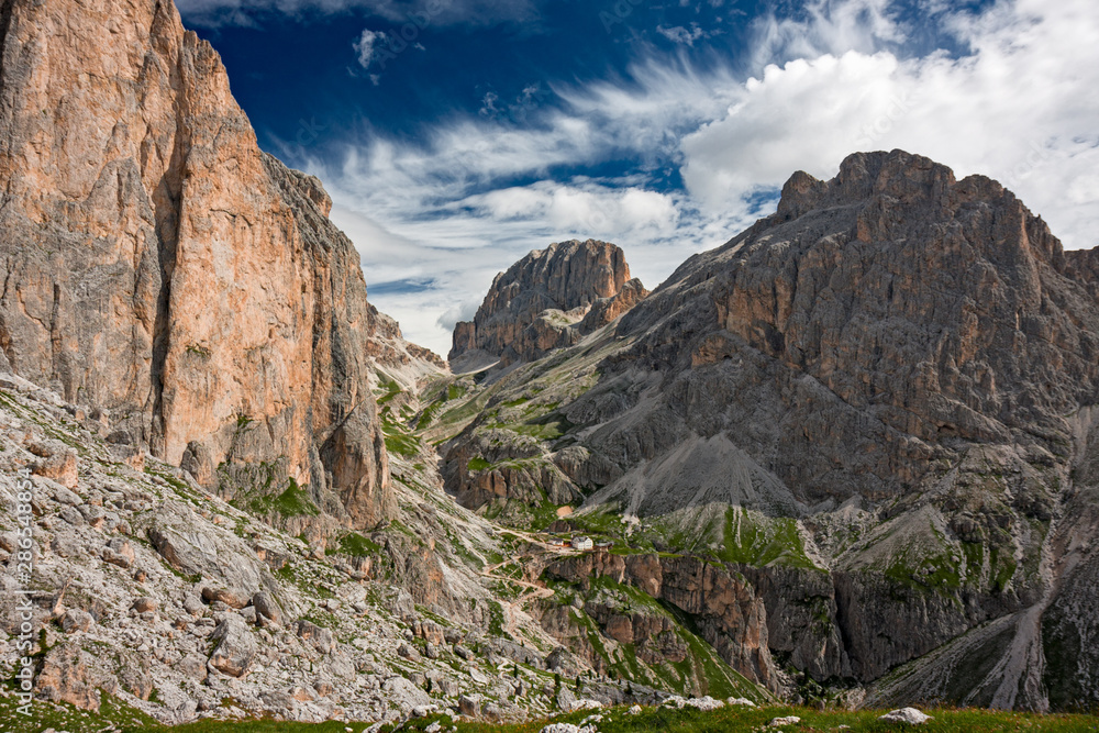 Panoramic view of towers and peaks of the Dolomites of the Catinaccio group