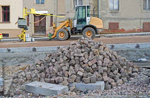 Road Construction / Germany: Cobblestone piles on the edge of a road construction site in the New Federal States