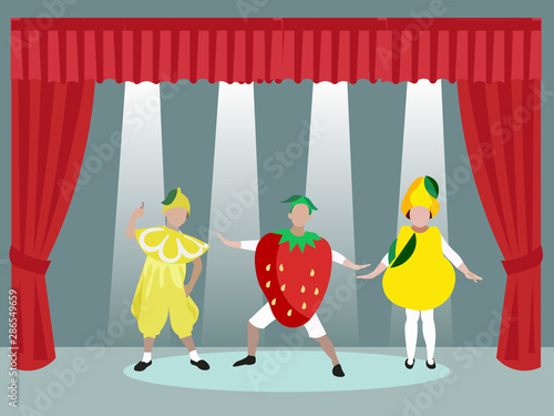Theatrical performance, masquerade children group. Scene. In minimalist style. Cartoon flat vector