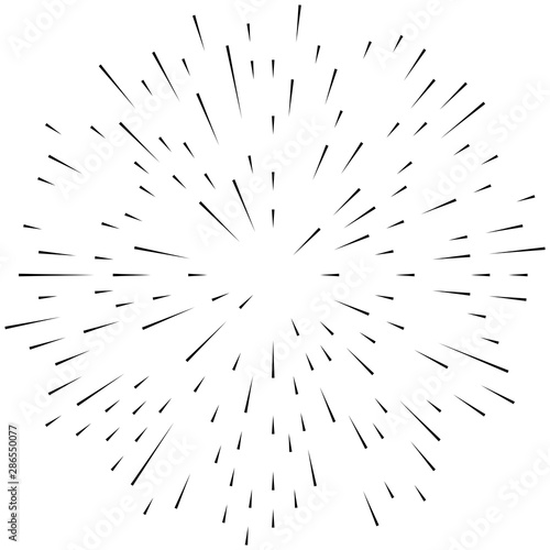 Radial ray, beam lines. Circular radiation stripes pattern. Gleam, sparkle effect. Glaze, flare, aurora design. Sunburst, starburst concentric lines as twinkle, radiance, glitter illustration.
