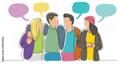 four close friends walking together with speech bubbles - one line drawing