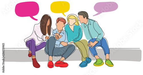 group of friends talking watching mobile phone - one line drawing