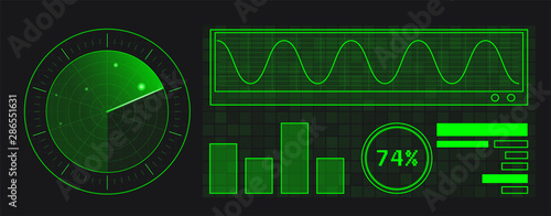 Abstract green radar with targets in action. Military search system. Infographic elements. Mobile device design.