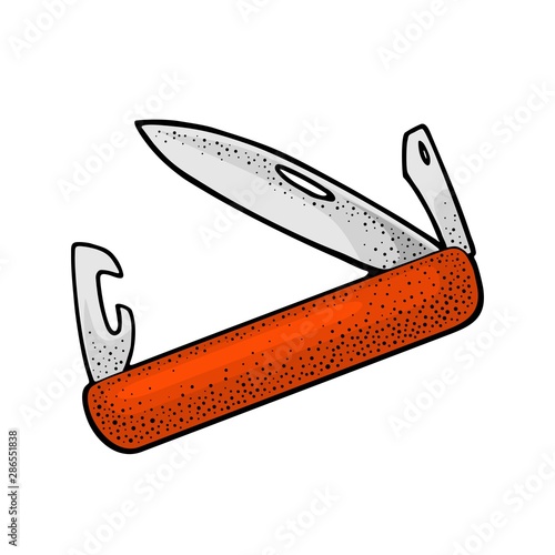 Open pocket jackknife with folding blades. Vector engraving