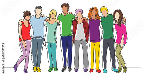 high school class of friends standing together - one line drawing