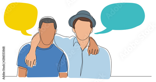 two hugging friends standing together with speech bubbles - one line drawing