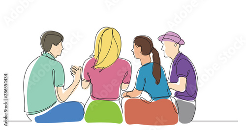 young friends sitting and talking together - one line drawing