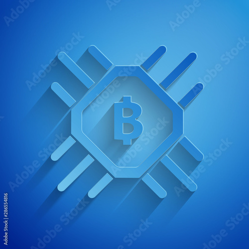 Paper cut CPU mining farm icon isolated on blue background. Bitcoin sign inside processor. Cryptocurrency mining community. Digital money. Paper art style. Vector Illustration