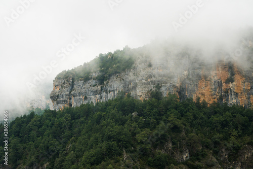 Beautiful scenic landscape view on a foggy day in Ordesa and monte Perdido National Park, Spain, Europe
