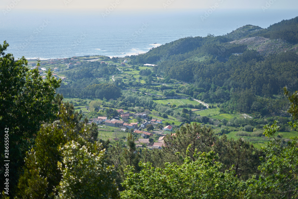 View of a small village from the Senda del Agua in Vigo, Spain