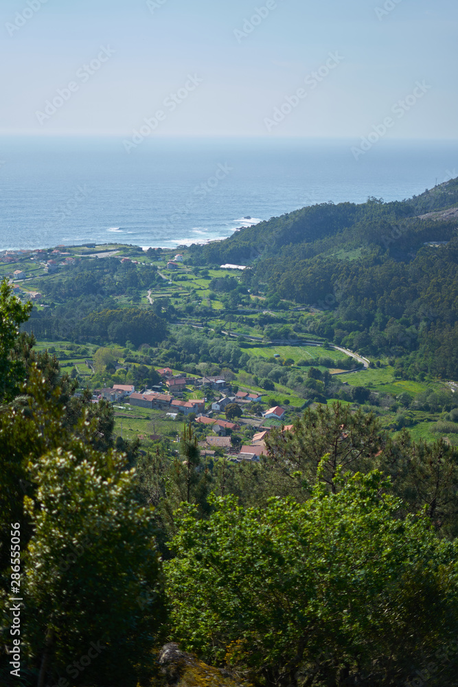 View of a small village from the Senda del Agua in Vigo, Spain