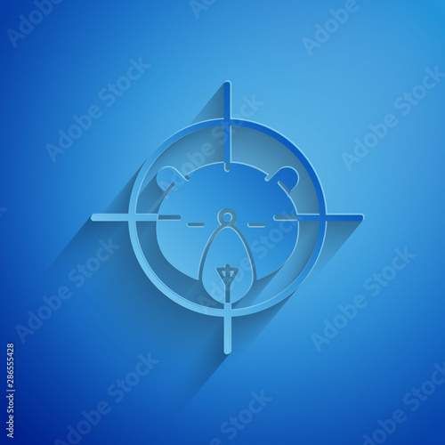 Paper cut Hunt on bear with crosshairs icon isolated on blue background. Hunting club logo with bear and target. Rifle lens aiming a bear. Paper art style. Vector Illustration