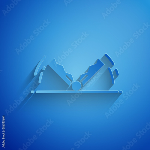 Paper cut Trap hunting icon isolated on blue background. Paper art style. Vector Illustration