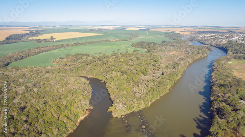 Flight over the Tibagi river in the Tibagi city of Parana state, Brazil.