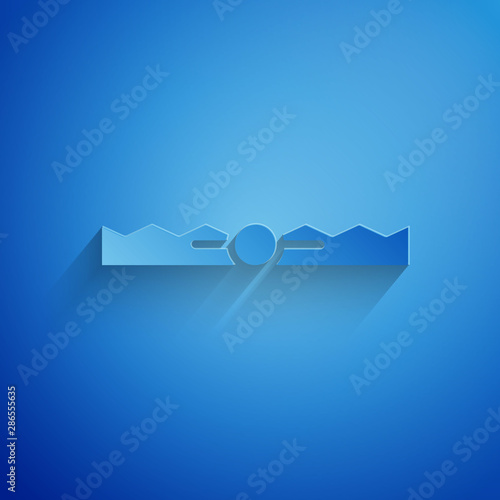 Paper cut Trap hunting icon isolated on blue background. Paper art style. Vector Illustration