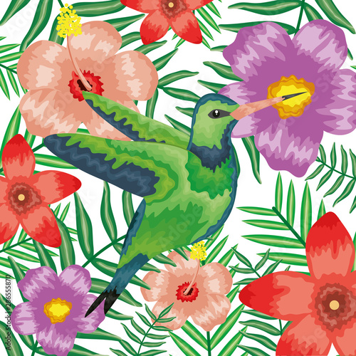 beautiful hummingbird with tropical floral decoration
