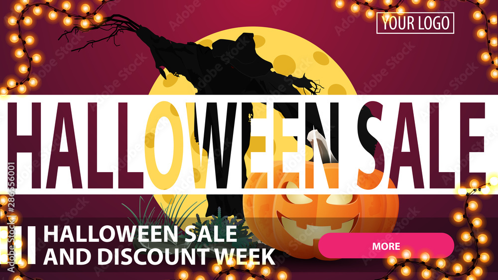 Halloween sale and discount week, horizontal pink creative discount banner with button, Scarecrow and pumpkin Jack against the moon
