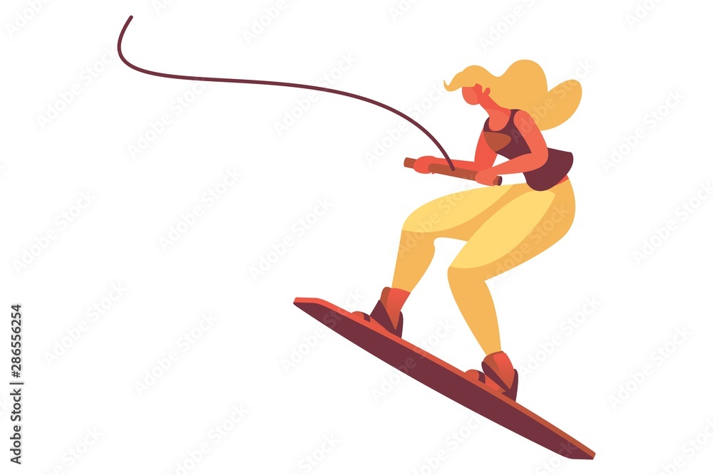 Young woman on board isolated on white. Vector concept illustration good for wakeboard trips and water activities at sea and lakes. Flat modern character in dynamic pose