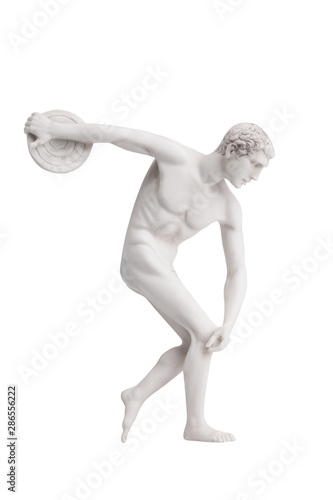Statue of a discus thrower close-up. Figure of stone discus thrower isolate on a white background. photo