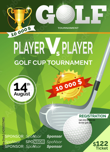 Golf flyer poster banner advertising. Template golf tournament with sample text. Sport invitation template, event label vector illustration