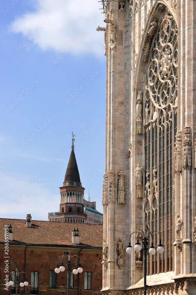 gothic glass window of milan city cathedral in italy 