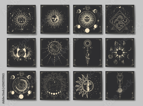 Vector illustration set of moon phases. Different stages of moonlight activity in vintage engraving style. Zodiac Signs