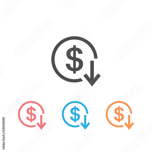 Dollar arrow down rate decrease price value finance icon set sign rising business.