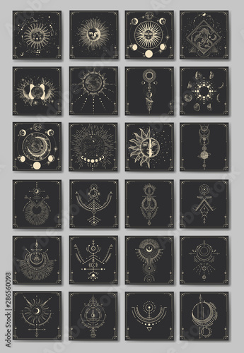 Vector illustration set of moon phases. Different stages of moonlight activity in vintage engraving style. Zodiac Signs
