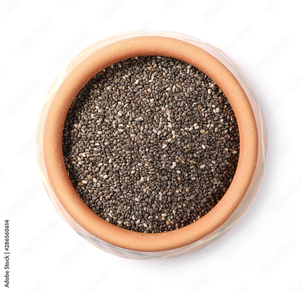 Chia seeds in clay pot isolated on white background, top view Chia seeds in clay pot isolated on white background, top view