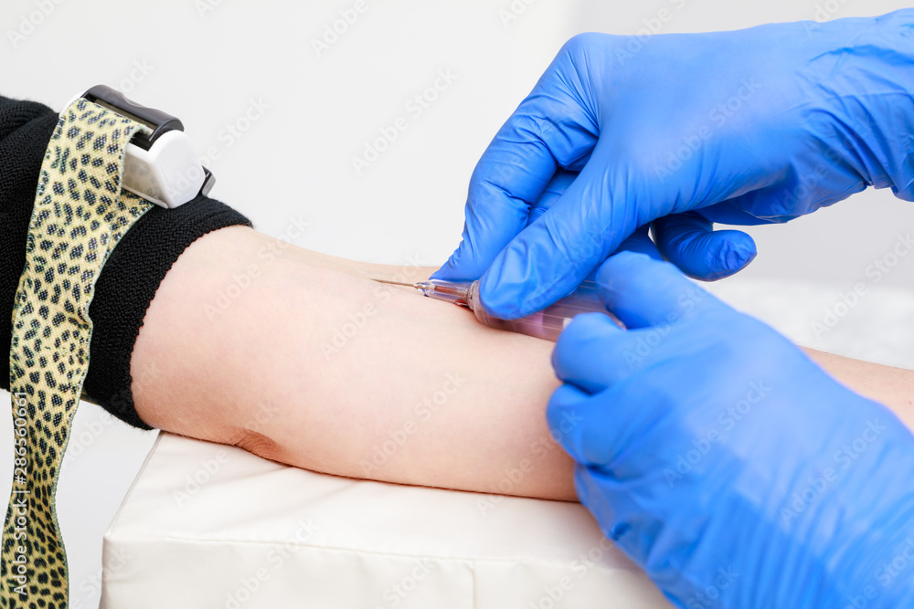 Nurse takes a blood sample from arm vein performing a venipuncture Nurse takes a blood sample from arm vein performing a venipuncture
