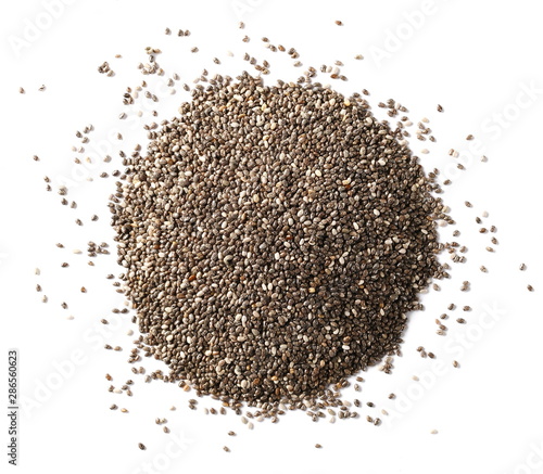 Chia seeds pile isolated on white background, top view