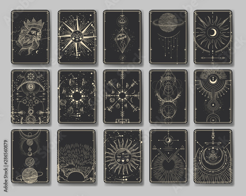 Vector illustration set of moon phases. Different stages of moonlight activity in vintage engraving style. Zodiac Signs