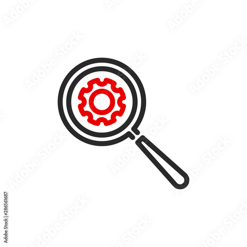 Gearwheel with magnifier glass outline flat icon. Single quality outline logo search symbol for web design or mobile app. Thin line design logo sign. Loupe lens icon isolated on white background