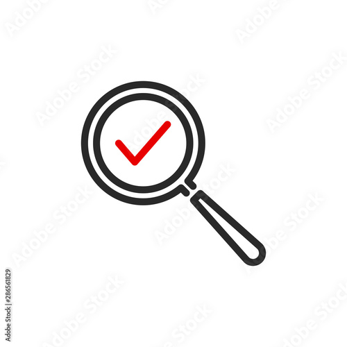 done check mark with magnifier glass outline flat icon. Single quality outline logo search symbol for web design or mobile app. Thin line design logo sign. Loupe lens icon isolated on white background