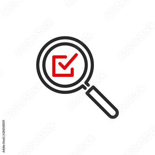 done check mark with magnifier glass outline flat icon. Single quality outline logo search symbol for web design or mobile app. Thin line design logo sign. Loupe lens icon isolated on white background