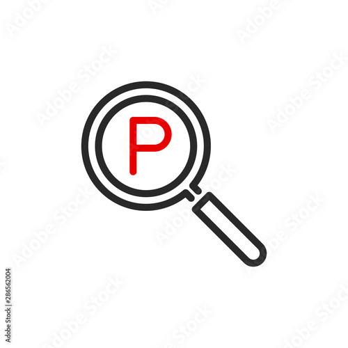 Registered protect with magnifier glass outline flat icon. Single quality outline logo search symbol for web design mobile app. Thin line design logo sign. Loupe lens icon isolated on white background