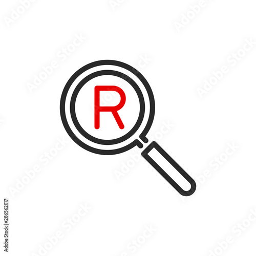 Registered protect with magnifier glass outline flat icon. Single quality outline logo search symbol for web design mobile app. Thin line design logo sign. Loupe lens icon isolated on white background