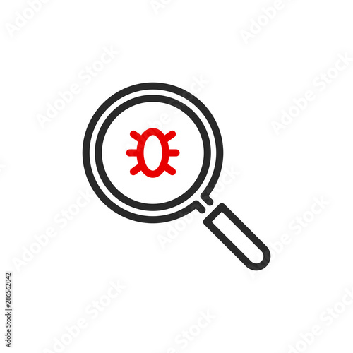 computer virus bug with magnifier glass outline flat icon. Single quality outline logo search symbol for web design mobile app. Thin line design virus bug logo sign. Loupe lens icon isolated on white