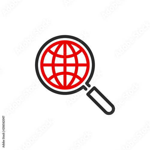 Internet network planet with magnifier glass outline flat icon. Single quality outline logo search symbol for web design mobile app. Thin line design logo sign. Loupe lens icon isolated on white