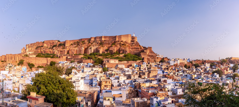 Panorama of the old city of Jodhpur with Mehrangarh Fort in the background, Rajasthan, India