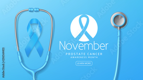 Prostate cancer awareness month banner. Vector illustration with satin ribbon and realistic stethoscope on light blue background. Men healthcare concept.