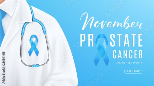 Prostate cancer awareness month banner concept. Doctor with blue satin ribbon and stethoscope on light blue background. Men healthcare concept. Vector illustration.