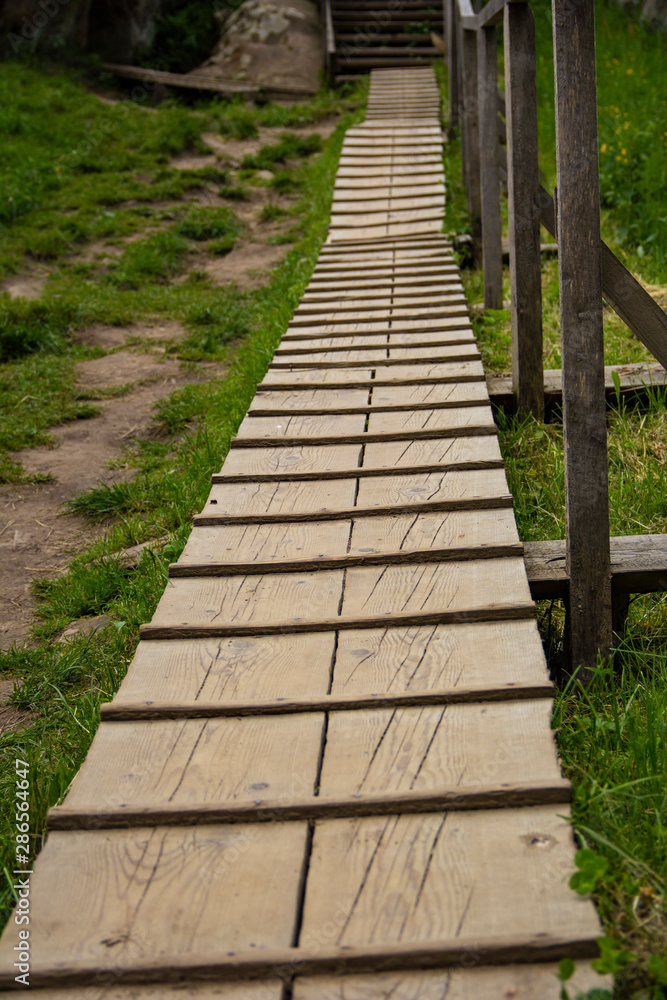 staircase wooden path with railing in the mountain green forest