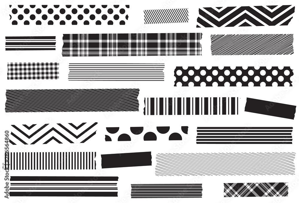 Black and white washi tape strips. Adhesive tape strip template. Masking  tape, sticker or label. Stock Vector