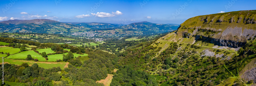 Aerial panorama of the limestone cliffs at Llangattock in the Brecon Beacons, South Wales