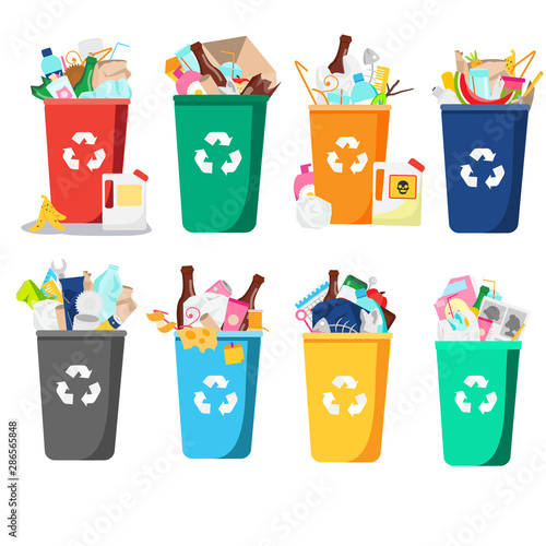 trash bin set. containers full of all types garbage and waste. Bottles, plastic, glass and other household rubbish. collection of Isolated vector clip art