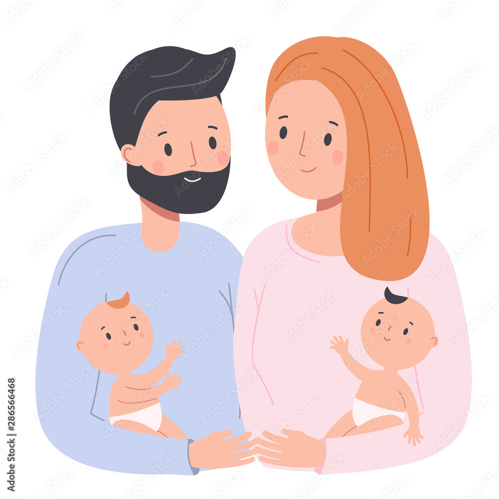 Happy family. Parents with babies. Man and woman nurse toddlers. Young father and mother with newborn children. Happy family. Parents with babies. Man and woman nurse toddlers. Young father and mother with newborn children.