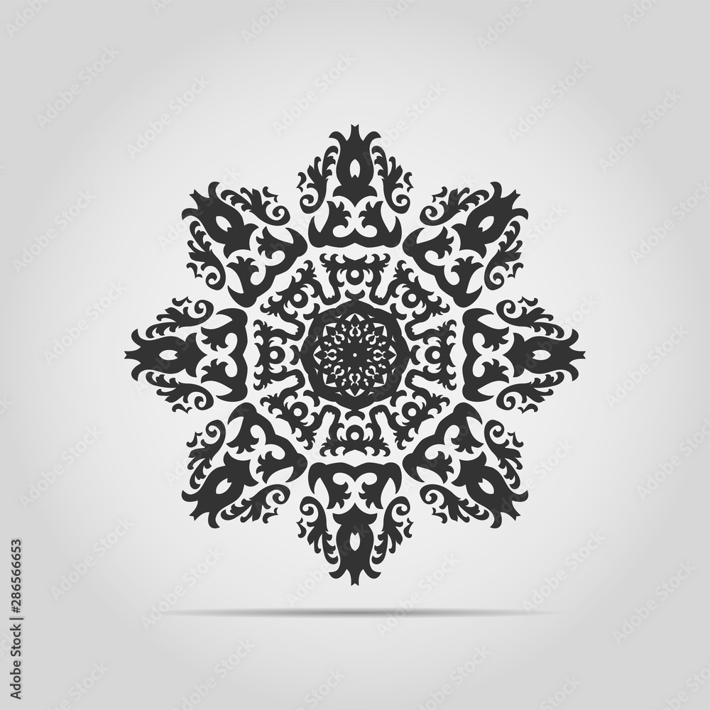 Black circular abstract pattern isolated. Round vector ornament. Snowflake. Mandala. Arabesque. Vector illustration.