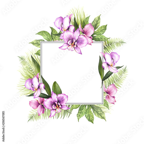 Frame with orchids and leaves. Hand draw watercolor illustration.